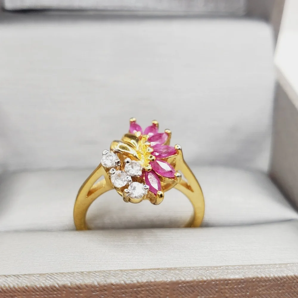Genuine Marquise Pink Ruby - Simulated Diamonds - 18k Yellow Gold Plated Ring
